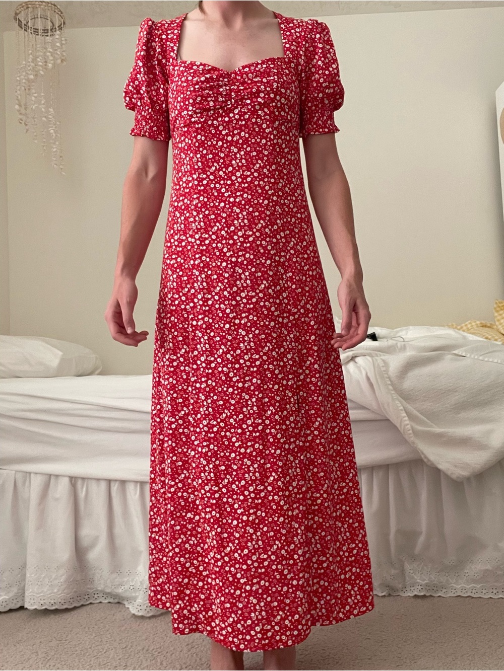 Bardot Red Floral Maxi Dress with Sweetheart Neckline